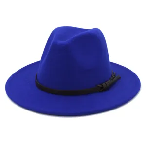 Sombrero fedora de fieltro azul para mujer, elegante sombrero jazz con cinta de cuero.