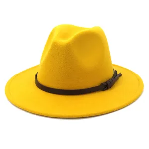 Sombrero fedora de lana de ala ancha para mujer, sombrero de jazz amarillo con correa de cuero.
