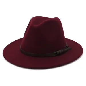 Sombrero fedora de fieltro burdeos para mujer, estilo británico, ala ancha, cinturón de cuero.