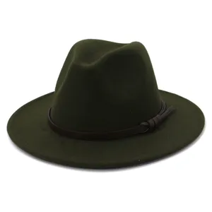 Sombrero fedora de lana verde oscuro para mujer, elegante sombrero de invierno con cinturón cuero.