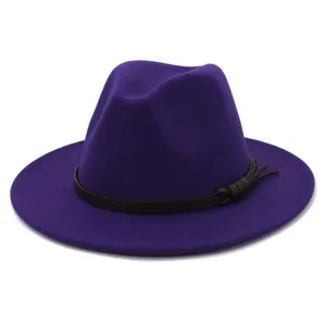 Sombrero fedora de fieltro morado para mujer, elegante sombrero de jazz de ala ancha con correa.