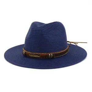 Stylish blue straw fedora hat for women, wide brim beach sun hat with decorative band.