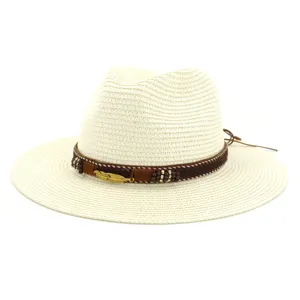 Detailed view of women's straw fedora hat, beige beach sun hat with decorative beaded band.