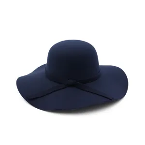 Donkerblauwe brede rand wollen vilt floppy hoed herfst winter mode elegante fedora hoed