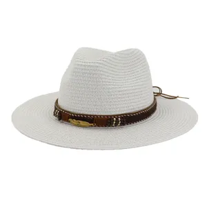 Elegant women white straw fedora hat beach sun protection stylish jazz hat closeup view