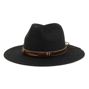 Black straw fedora hat for women, wide brim sun protection beach hat with decorative band.