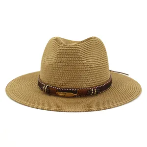 Close-up of the stylish straw fedora hat featuring a detailed beaded band and gold feather charm.