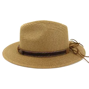 Women's straw fedora sun hat with chic brown band and side bow tie for beach outdoor travel.