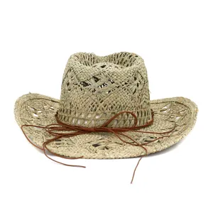 Handmade natural grass cowboy hat with brown leather cord, breathable sun protection straw hat.