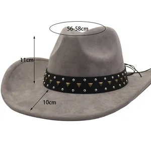 Grey suede cowboy hat detail showing 56-58cm head size, 11cm crown height, and 10cm brim.