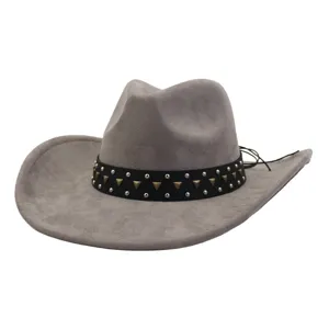 Grey suede western cowboy hat with metal studded black band and stylish wide brim design.