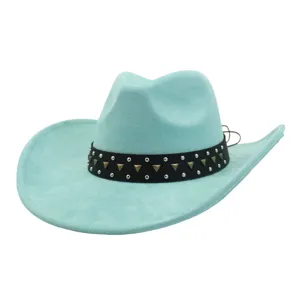 Detailed view of a stylish light blue suede cowboy hat with black rivet band for summer.