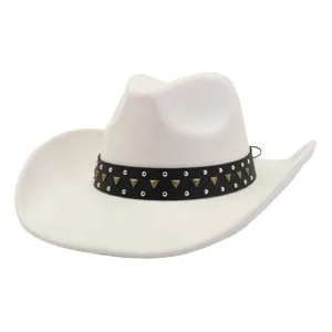 White suede cowboy hat featuring a studded black band, detailed view of texture and metal studs.