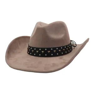 Detail of beige suede cowboy hat with black studded band for western fashion and daily wear.