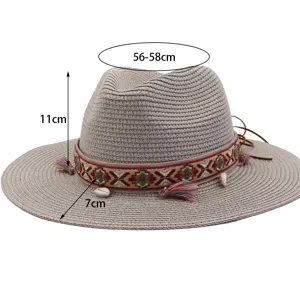 Summer straw fedora hat for men and women, wide brim with ethnic woven band and shell tassels.