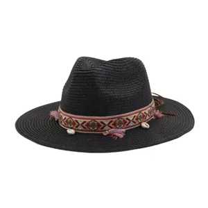 Black straw fedora hat with ethnic embroidered band, shells and tassels for summer beach.