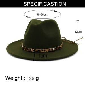 Chapeau fedora en laine vert avec bandeau étoile motif léopard large bord plat chapeau de jazz