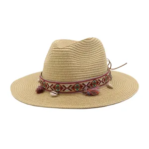 Unisex Summer Straw Hat Wide Brim Beach Sun Hat Ethnic Style Woven Fedora Hat With Tassel Shell Outdoor Travel Cap
