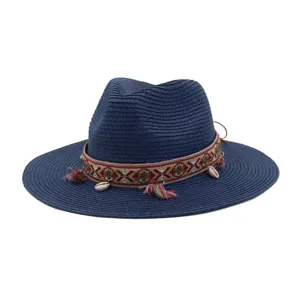 Summer beach straw hat for men and women, wide brim sun hat with ethnic embroidered band.