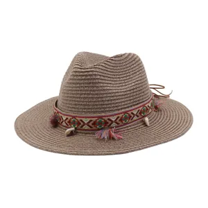 Unisex summer straw sun beach hat with ethnic embroidered band, wide brim outdoor fashion style.
