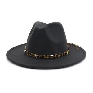 Chapeau fedora en feutre gris avec motif léopard et bande étoilée pour mode automne hiver