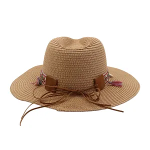 Summer straw beach sun hat with stylish braided ribbon leather bow and 7cm brim cap