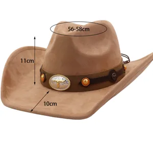 Classic suede western cowboy hat wide brim jazz fedora hat with metal bull buckle for autumn winter
