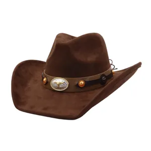 brown suede cowboy hat detail with leather strap and metal bull head buckle closeup