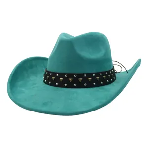 Turquoise suede cowboy hat detail, showcasing metallic stud and black band craftsmanship.