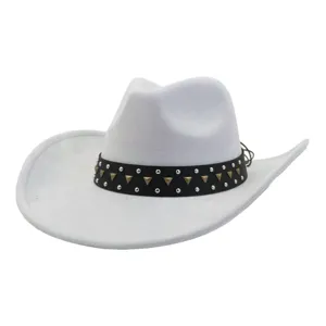 Close-up detail of light grey suede cowboy hat featuring a black studded decorative band.