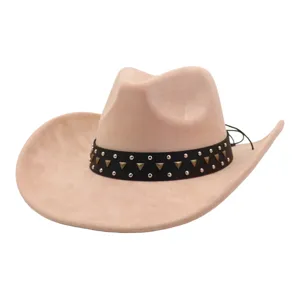 Close-up details of the suede cowboy hat with studded leather band and metal rivets.