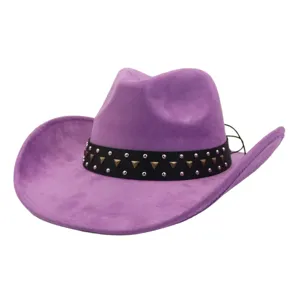 Purple suede cowboy hat detail showing metallic stud accents and wide brim craftsmanship.