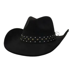 Black suede cowboy hat detail view with studded hatband, stylish western headwear for men and women.