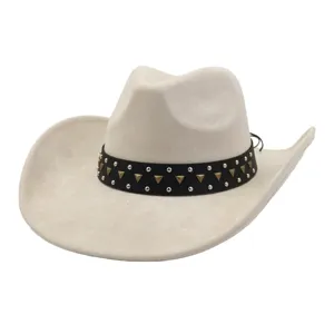 Close-up view of beige suede cowboy hat, black studded leather band, curved brim detail.