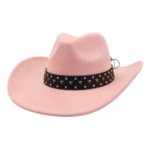 Pink suede cowboy hat detail featuring a dark studded band, stylish western headwear for women.