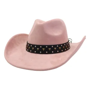 Pink suede cowboy hat detail, western style with black studded band and wide brim.