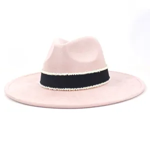 Detailed view of women faux suede fedora hat with elegant black ribbon and pearl beaded trim.