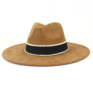 Brown suede fedora hat with black ribbon and white beaded trim wide brim women hat.
