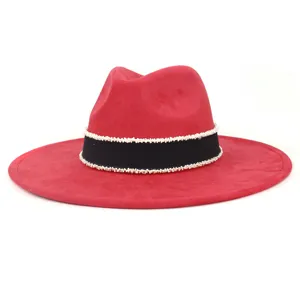 Red suede fedora hat wide brim jazz cap with black ribbon and delicate white bead trim.