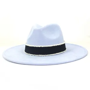 Light blue suede fedora hat for women with black band and white seed beads wide brim style.