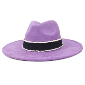 Purple suede fedora hat for women wide brim flat fedora with elegant white beaded band chic