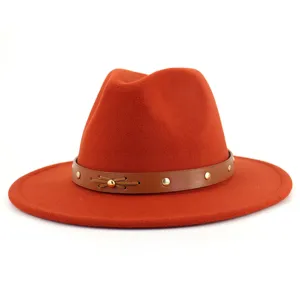 Orange Wollfilz Fedora Hut Damen Herbst Winter Flache Krempe Jazz Kappe Mit Lederriemen