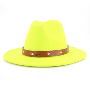 Neongrüner Woll Fedora Hut für Damen, breite flache Krempe Jazz Kappe mit Lederriemen Nieten.