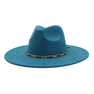 Teal suede fedora hat detail, featuring metallic chain and black ribbon band, stylish wide brim.