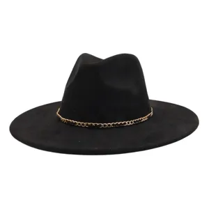 Black fedora hat with gold chain detail, stylish wide brim felt hat for men and women fashion.