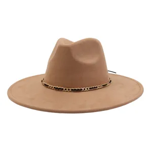 Camel suede fedora hat with black and gold chain band, stylish wide brim jazz hat for adults.