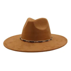 Brown suede fedora hat with chain detail, detail view showing texture and craftsmanship.