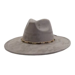 Grey suede fedora hat for men and women, wide brim jazz cap with chic metal chain detail.