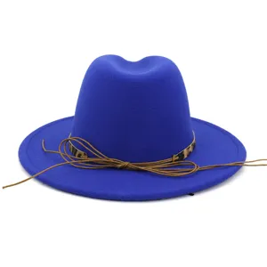 Chapeau fedora en laine bleue pour hommes et femmes, bord plat élégant avec ruban léopard.