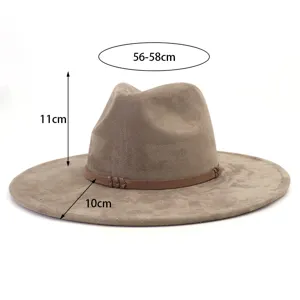 Suede fedora hat with wide brim and leather strap detail, head circumference 56-58cm, stylish.